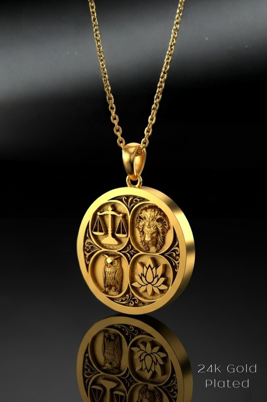 A gold-plated pendant necklace with a circular design featuring four distinct symbols: a scale, an owl, a lotus flower, and a lion.