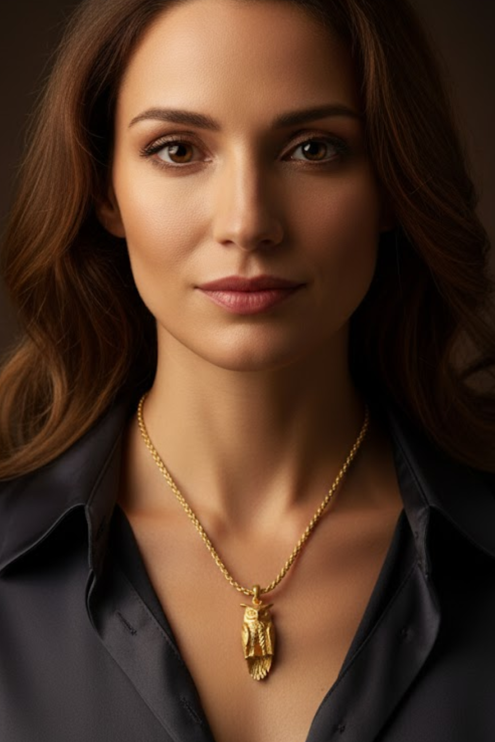 A woman with long brown hair wearing a black blouse and a gold necklace with a pendant.