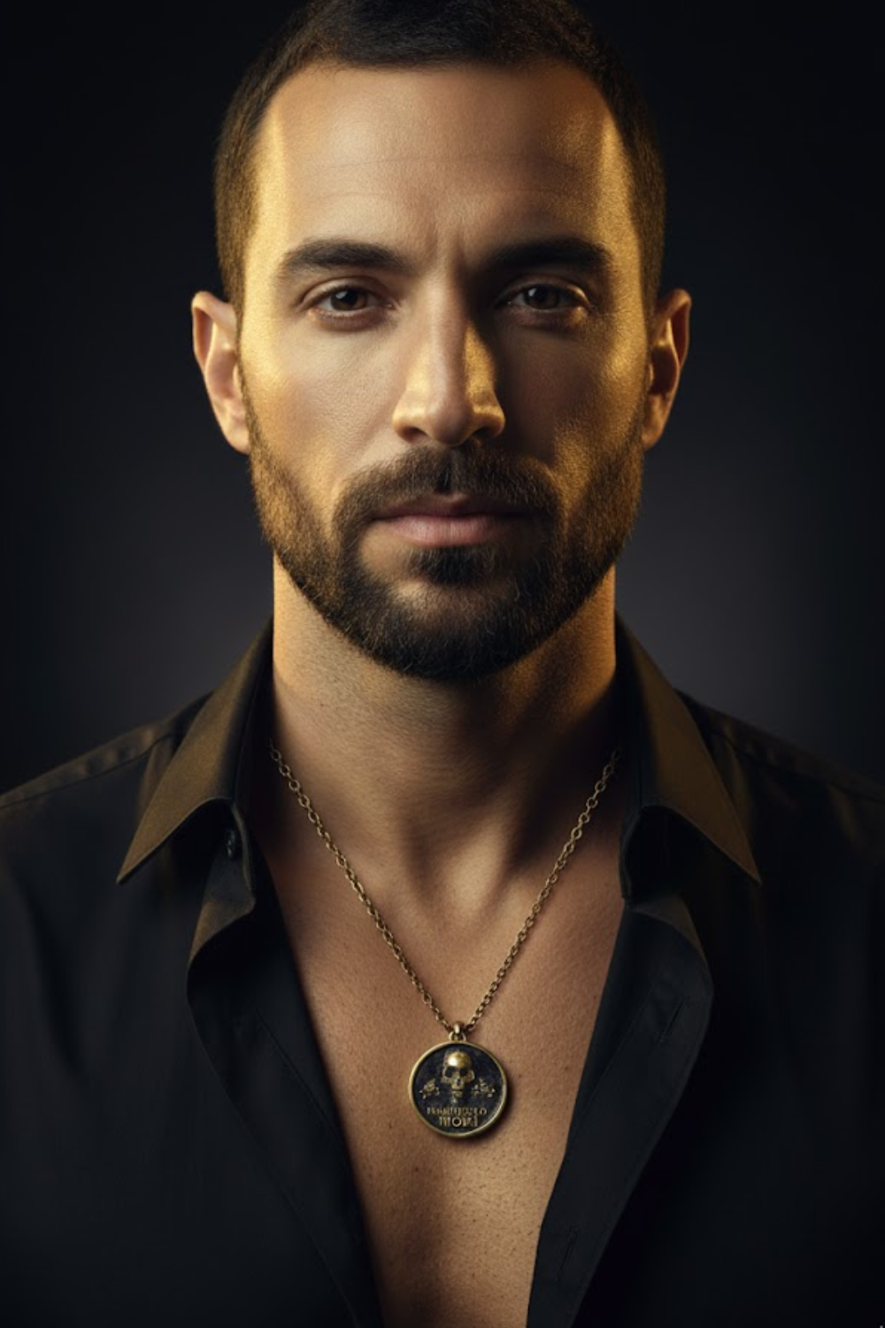 A man with a beard wearing a black shirt and a necklace with a skull pendant.