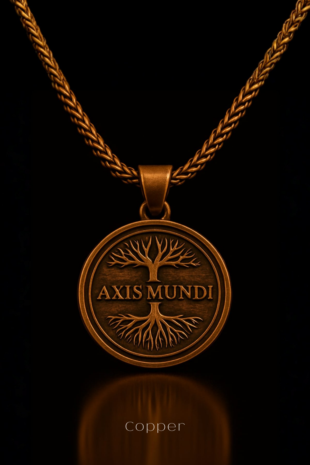 A gold-colored pendant necklace with a circular pendant featuring a tree design and the text "AXIS MUNDI" in the center.