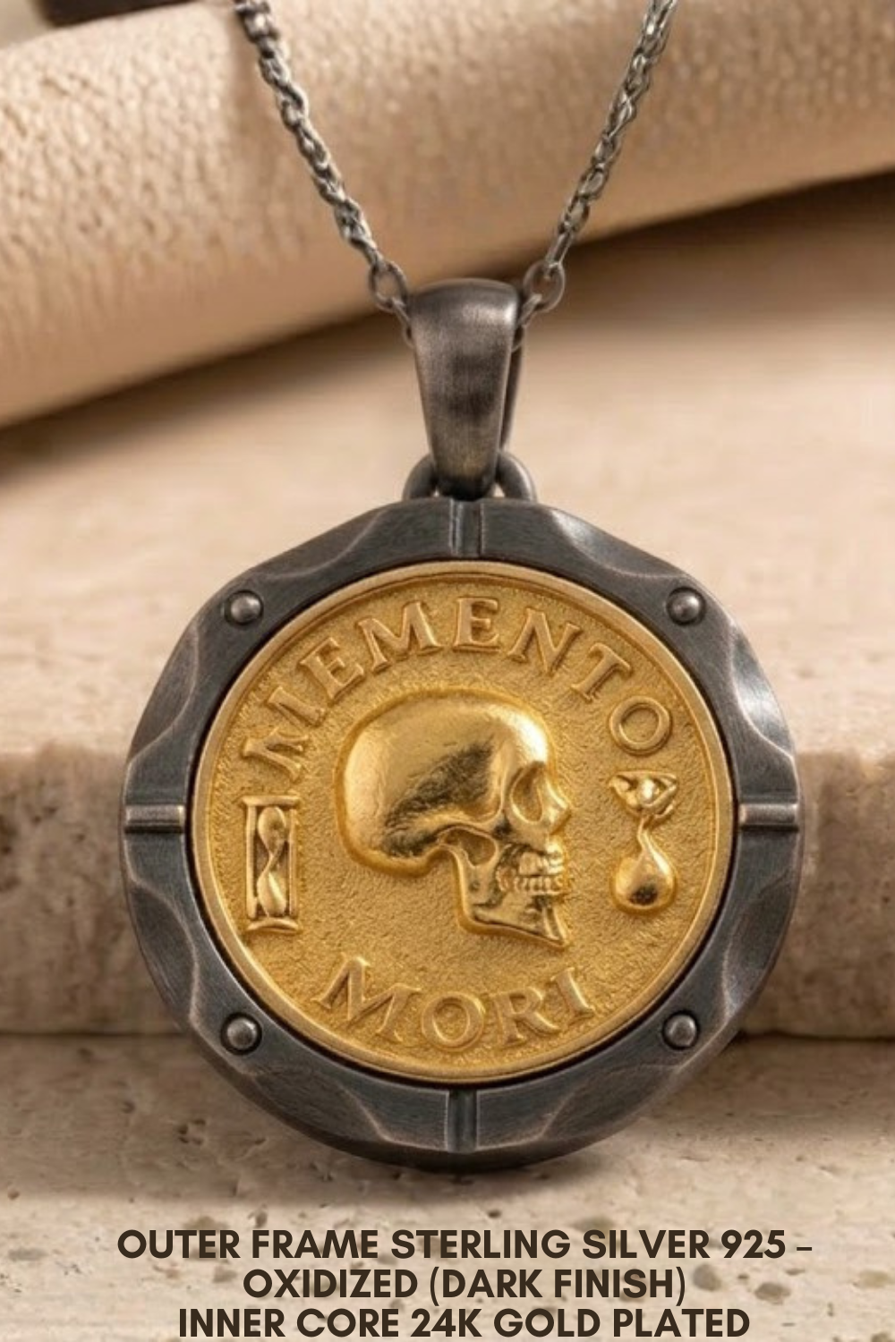 Memento Mori Set | Dual Metal Pendant & Ring | Handmade in 925 Sterling Silver & Bronze