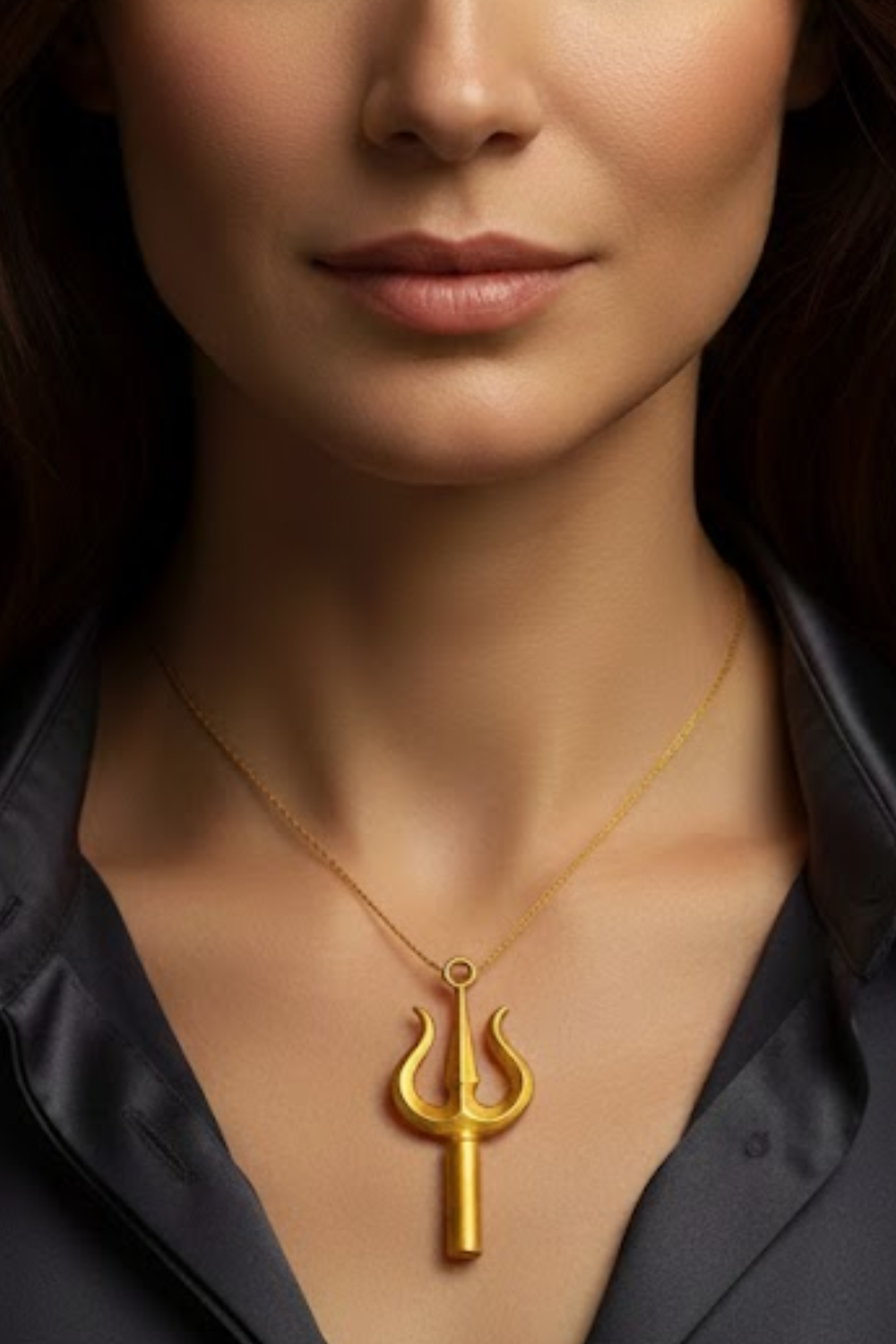 A close-up of a woman's neck and chest area, with a gold-colored pendant necklace featuring a trident-like design hanging from the neck.