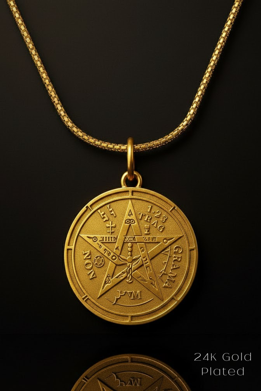 A 24K gold-plated pendant featuring a pentagram medallion with various symbols and text.