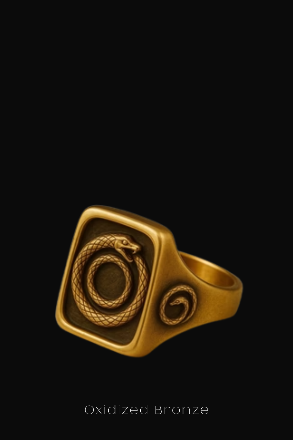 An Oxidized Bronze ring with a snake design on a black background.