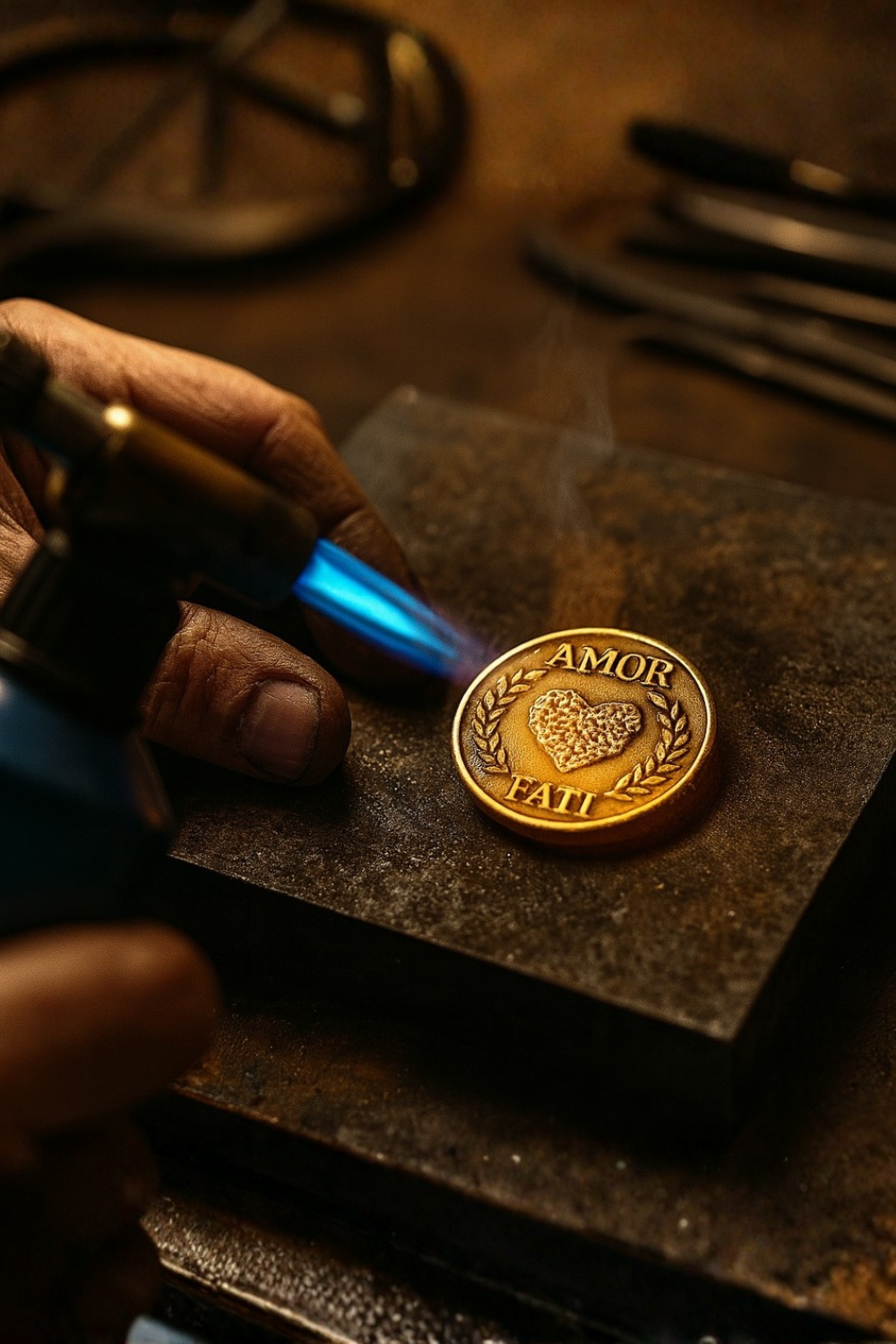 A hand is using a blowtorch to heat a gold-colored coin, which has the words "AMOR FATHI" engraved on it.