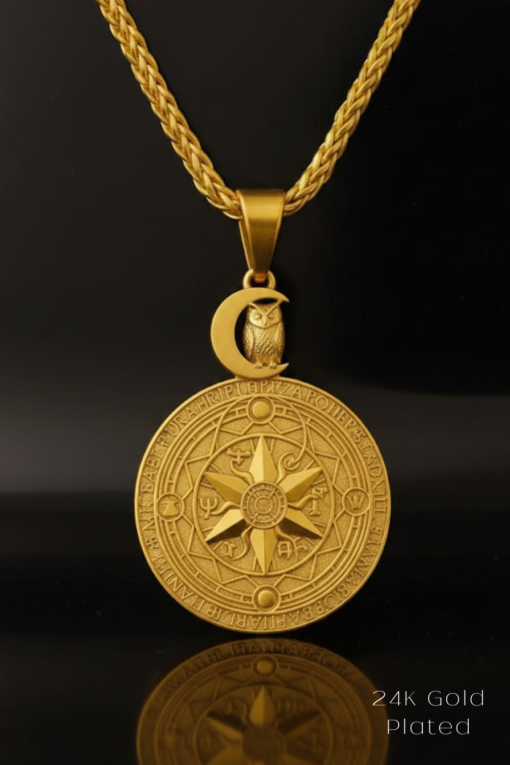 A 24K gold-plated pendant necklace with a circular medallion featuring an owl and a crescent moon design.
