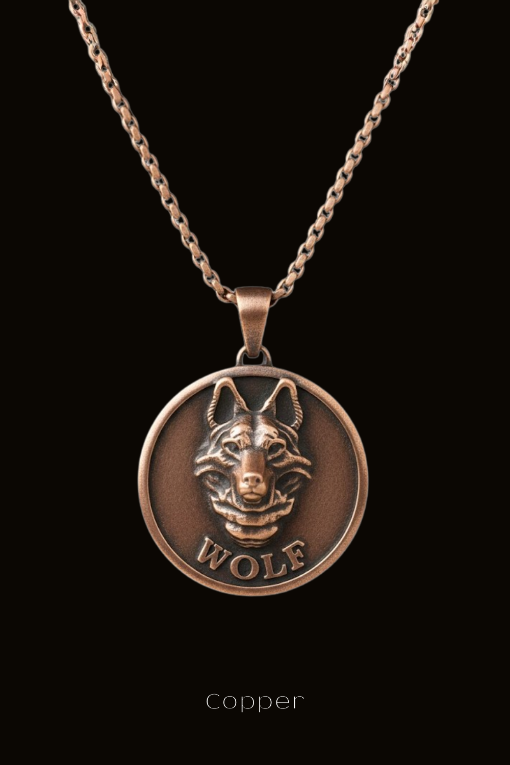 A copper-colored pendant necklace with a circular medallion featuring a detailed wolf head design.