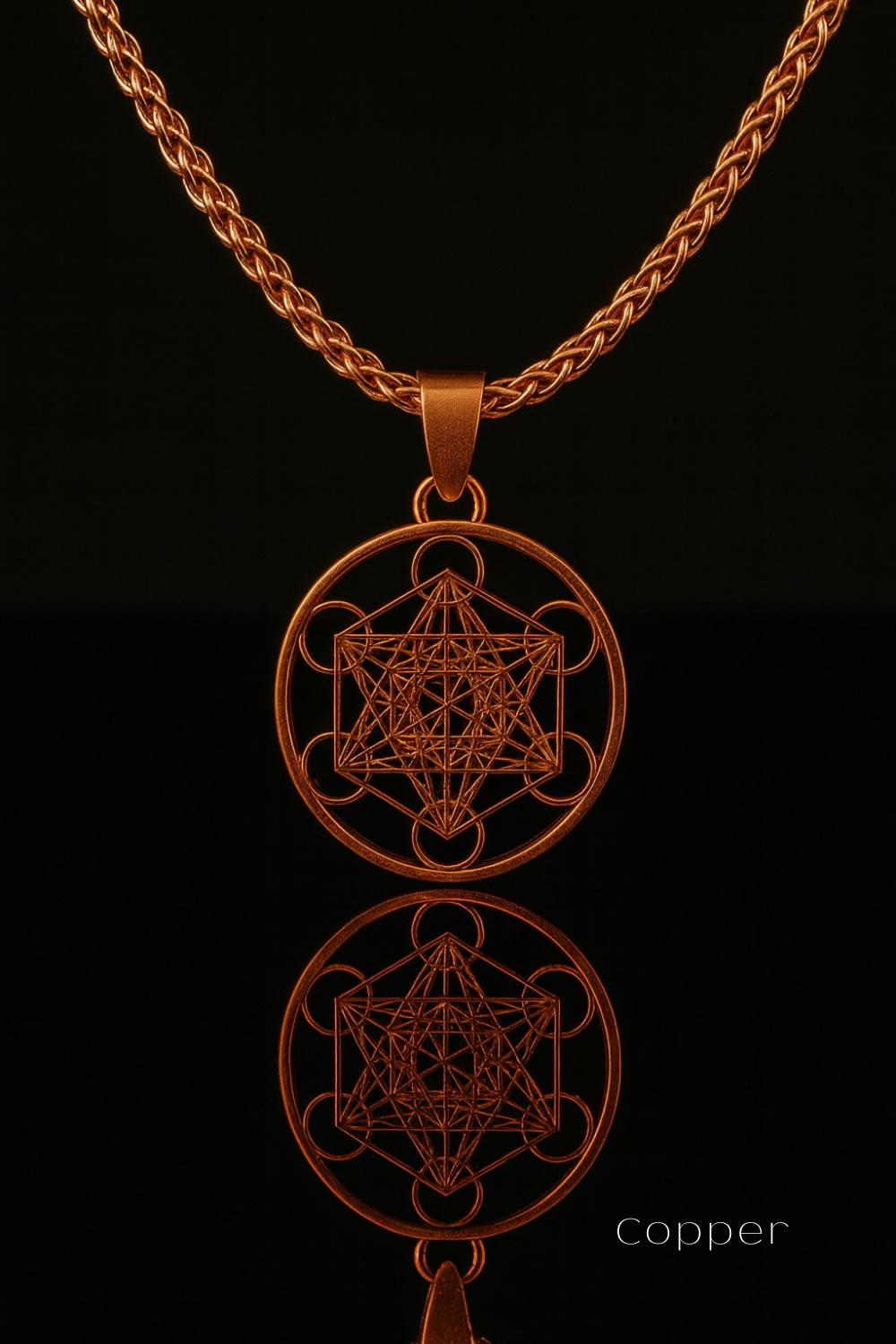 A copper-colored pendant necklace with a geometric design on a black background.