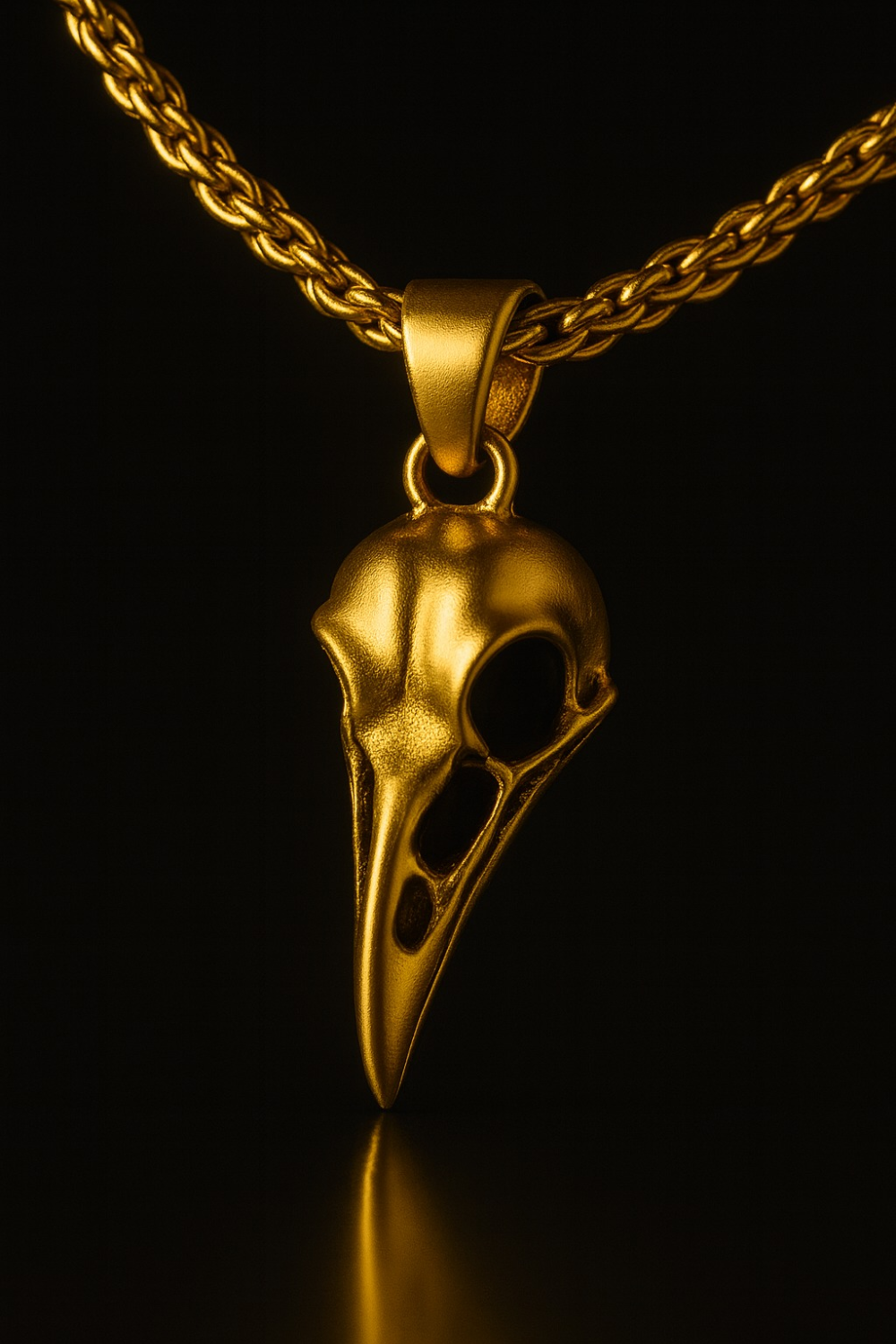 A gold-colored pendant in the shape of a bird's skull is suspended from a chain against a dark background.