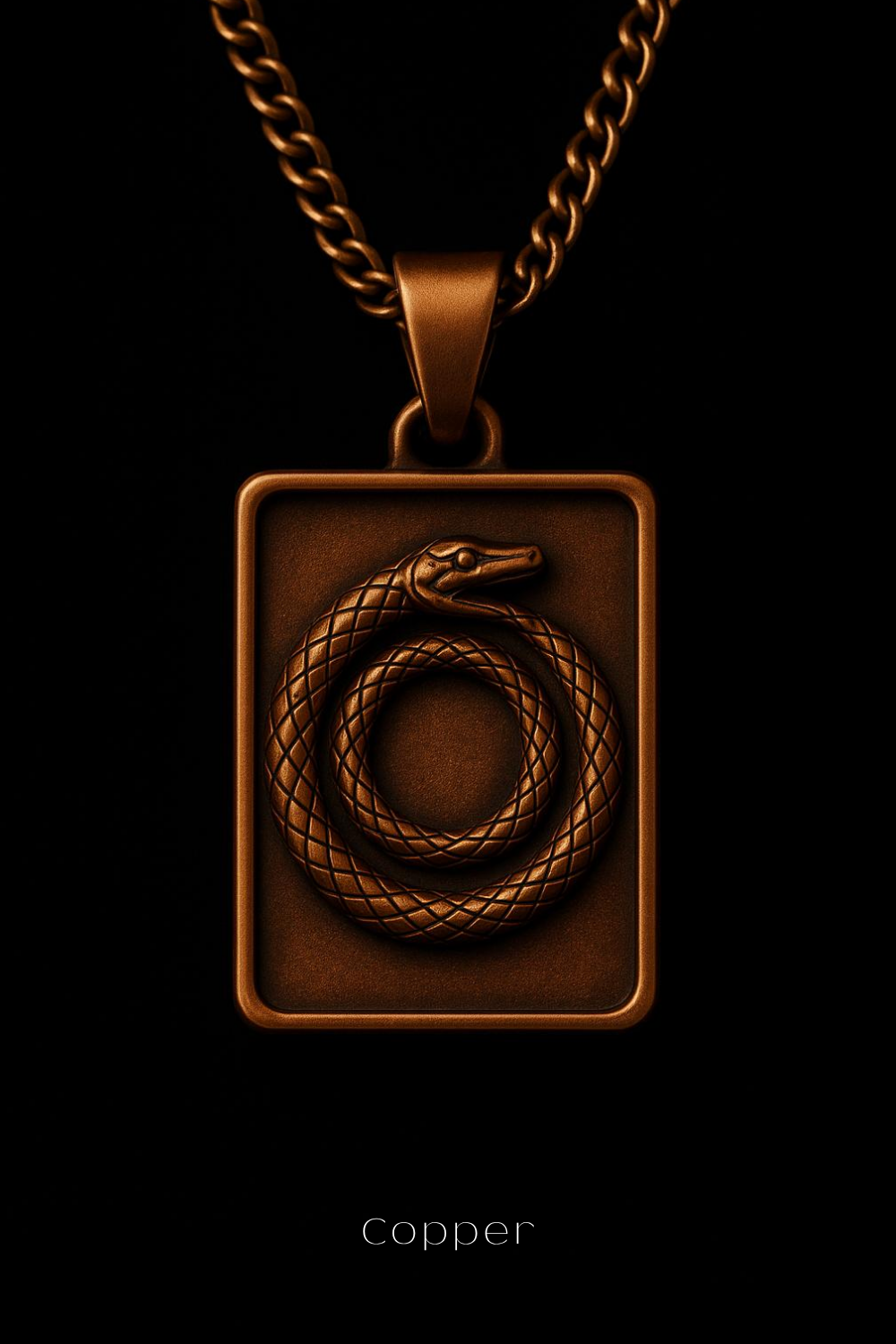 A copper-colored pendant necklace with a square-shaped pendant featuring a snake design.
