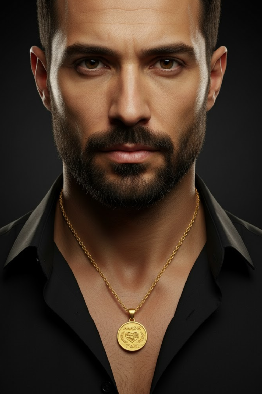A close-up portrait of a man with a serious expression, wearing a black shirt and a gold necklace with a pendant.