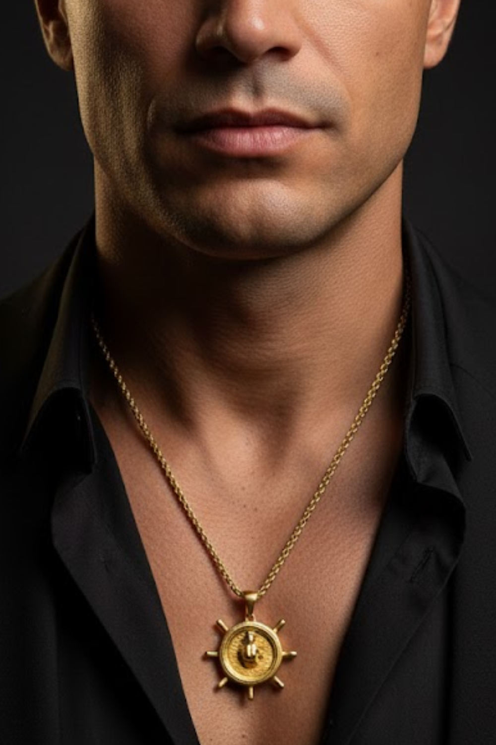 A close-up of a man's neck and chest area, with a gold-colored pendant necklace visible.