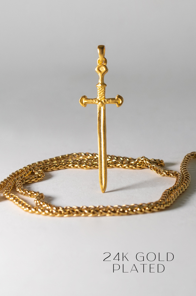 Colgante de espada en bronce, plata de ley 925, baño de oro de 24 k, collar de daga, espada antigua 
