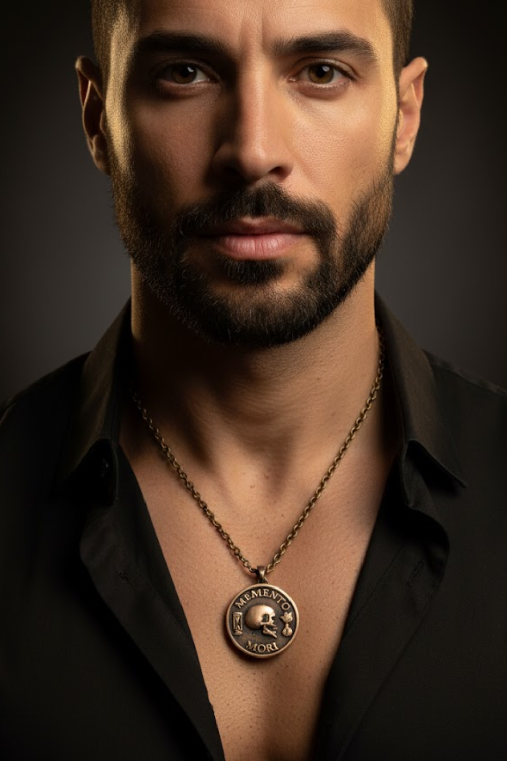 A man with a beard wearing a black shirt and a large pendant necklace with a medallion-like design.