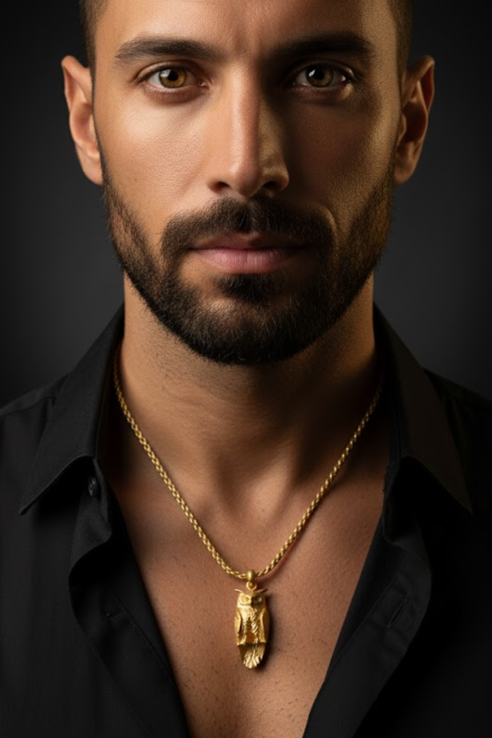 A close-up portrait of a man with a beard wearing a gold necklace with an owl pendant.