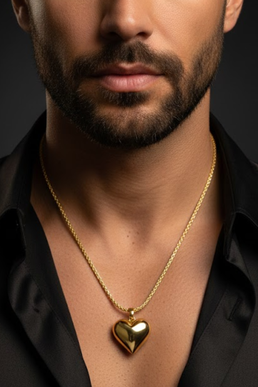A close-up of a man's neck and chest area, with a gold heart-shaped pendant necklace visible.