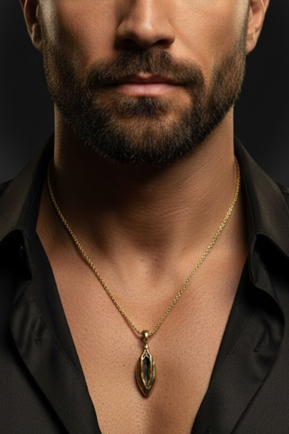 A close-up of a man's neck and chest area, with a gold necklace and a pendant visible.