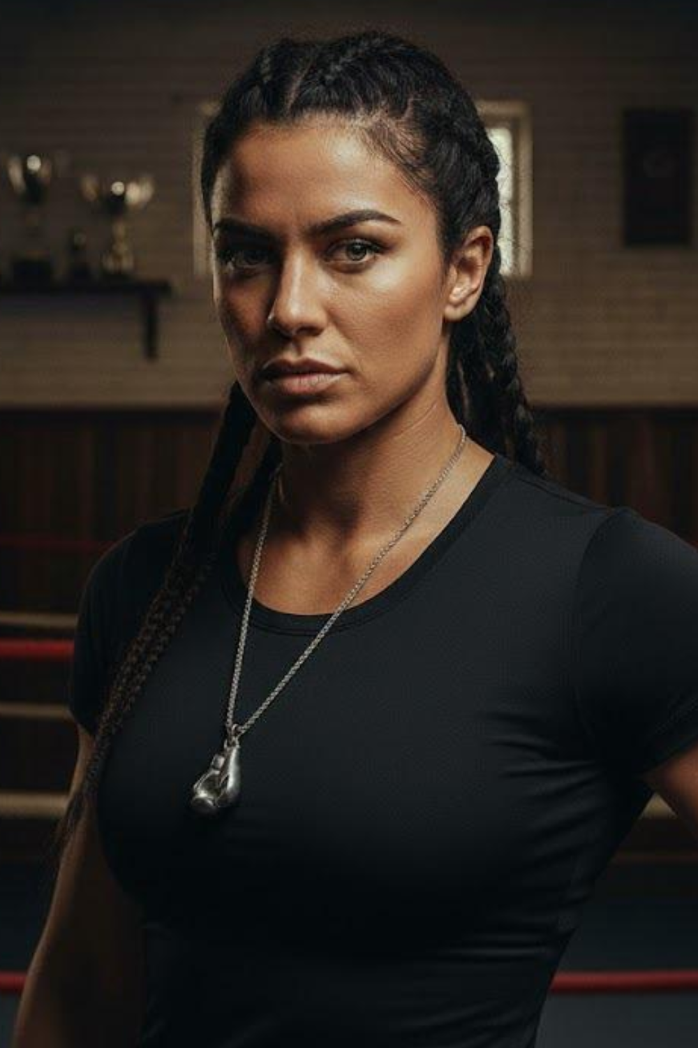 A woman with braided hair wearing a black shirt and a necklace stands in a boxing ring, looking serious and focused.