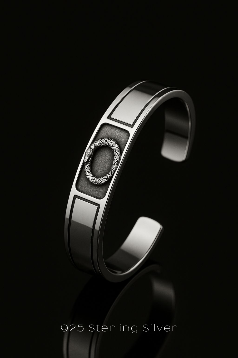 A silver bracelet with a snake design on the front, set against a black background.
