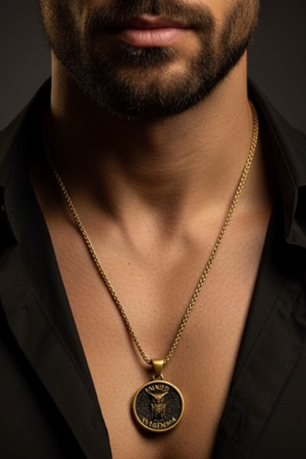 A close-up of a man's neck and chest area, with a gold-colored necklace featuring a pendant.