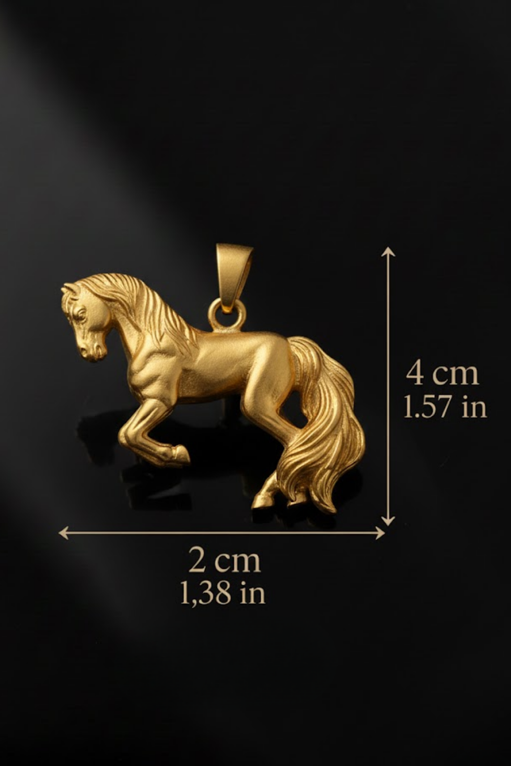 A gold-colored pendant in the shape of a horse is displayed against a black background, accompanied by measurements indicating its size.