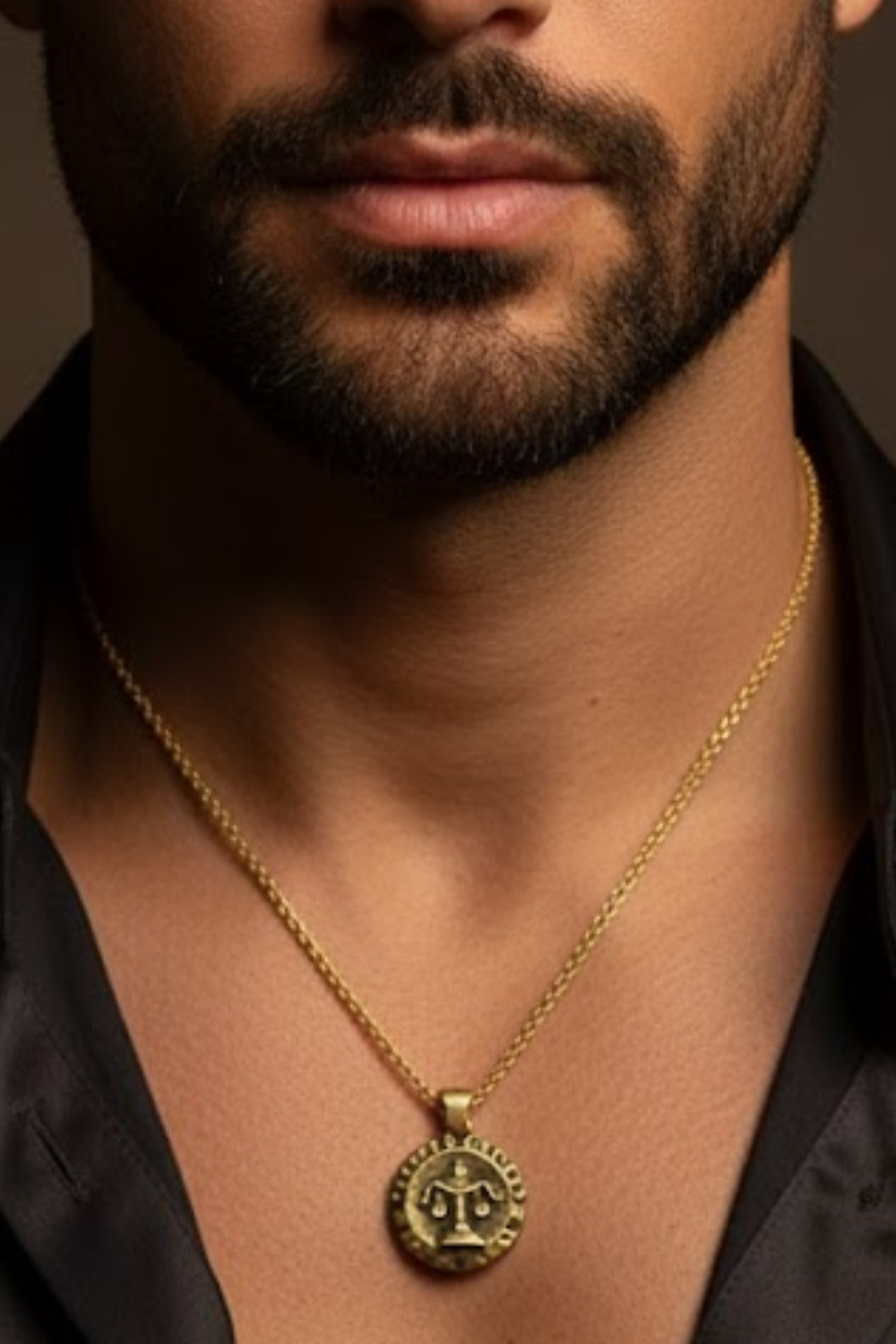 A close-up of a man's neck and chest area, with a gold-colored necklace featuring a pendant.