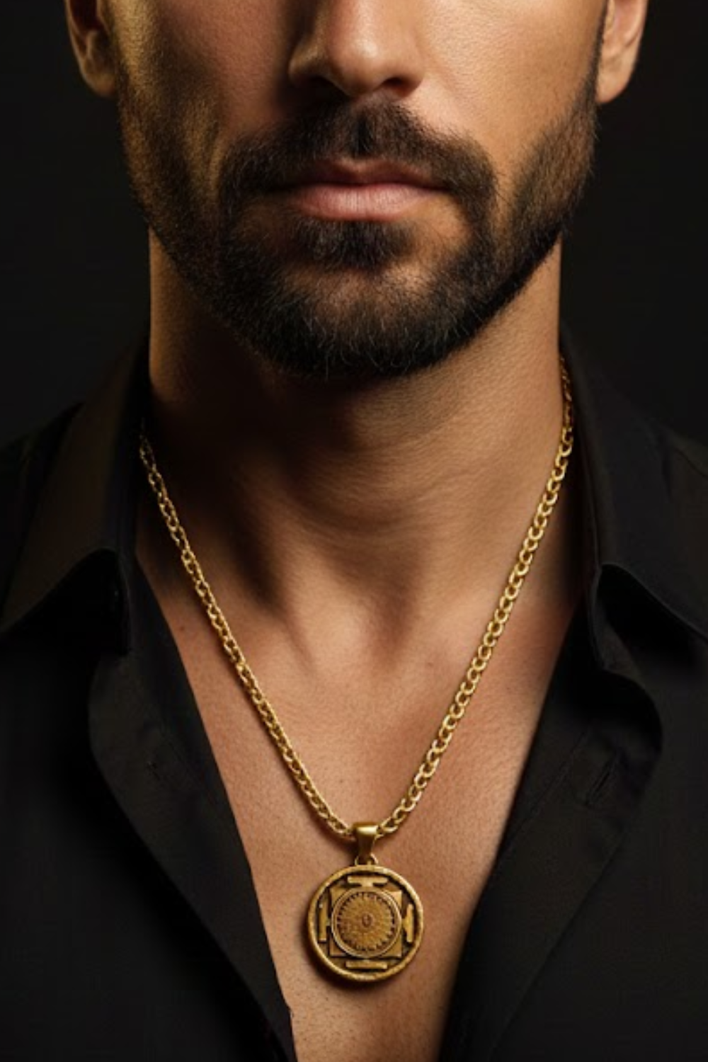 A close-up of a man's neck and chest area, with a gold necklace and a pendant visible.