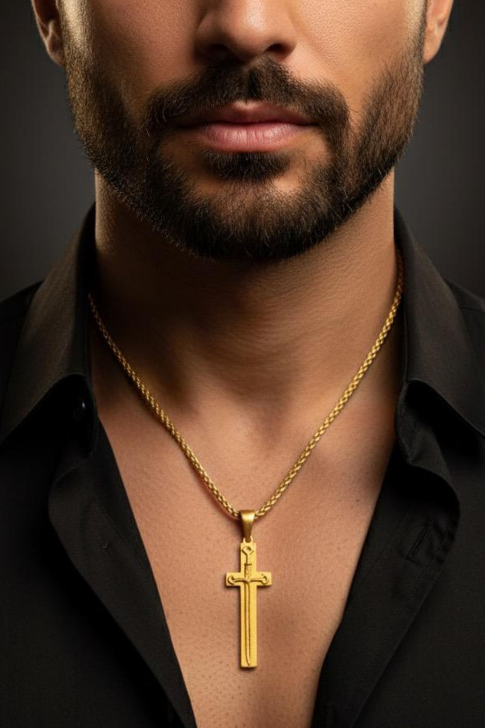 A close-up of a man's neck and chest area, with a gold cross pendant hanging from a gold chain.