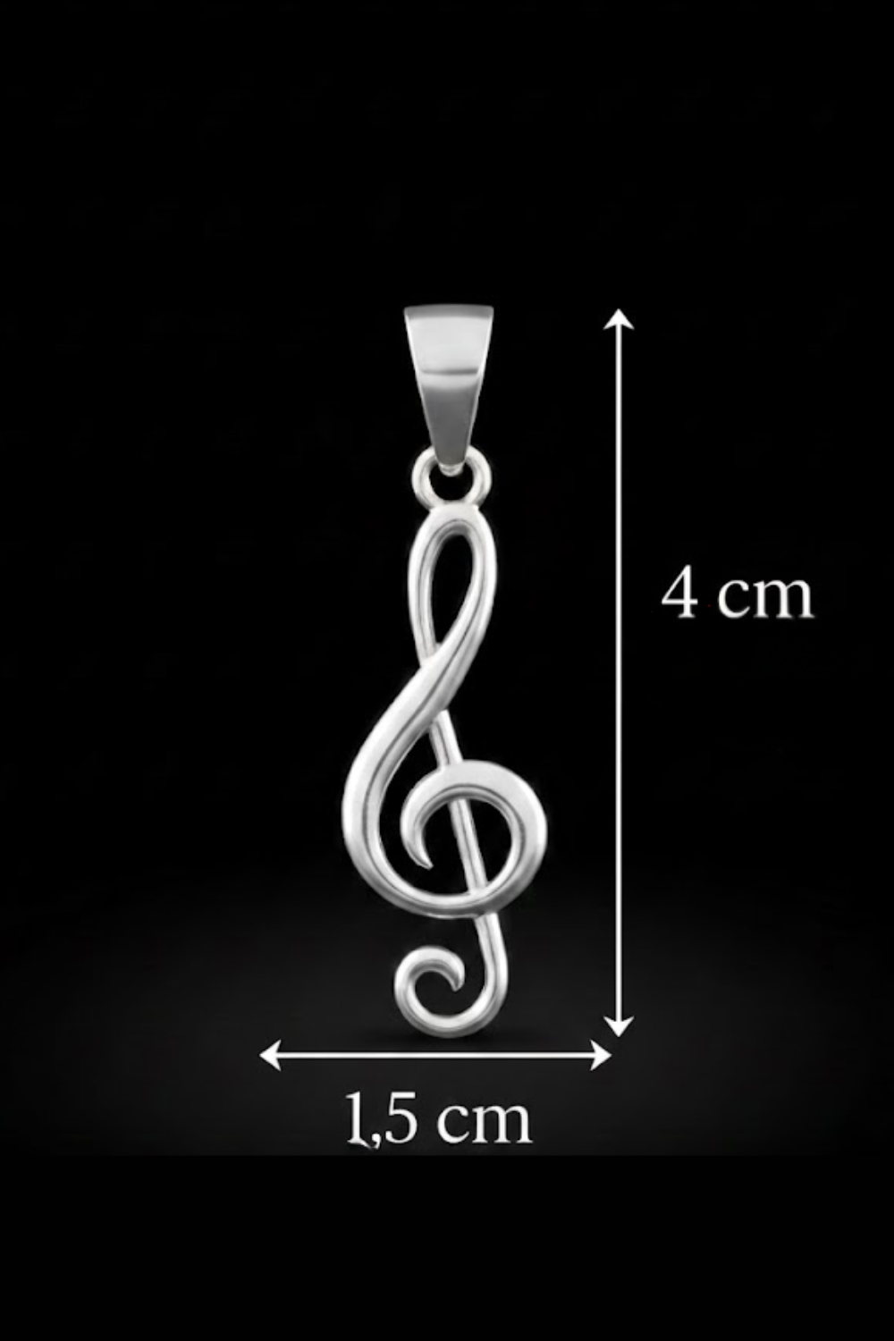 A silver musical note pendant with a curved design, measuring 4 centimeters in length.