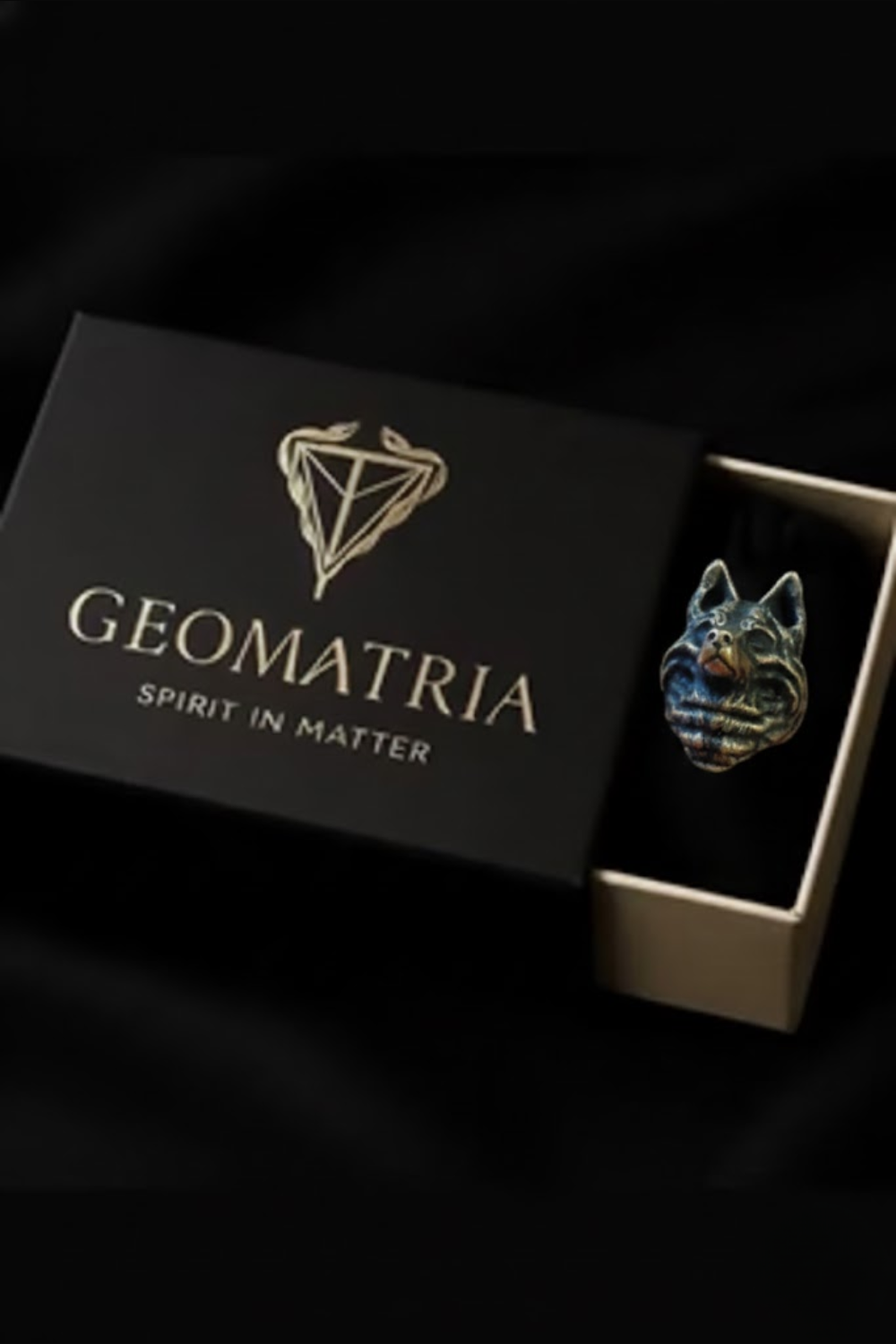 A black box with the word "GEOMATRIIA" printed on it, along with a logo featuring a stylized dog's head. The box is open, revealing a silver-colored object inside, which appears to be a decorative piece.