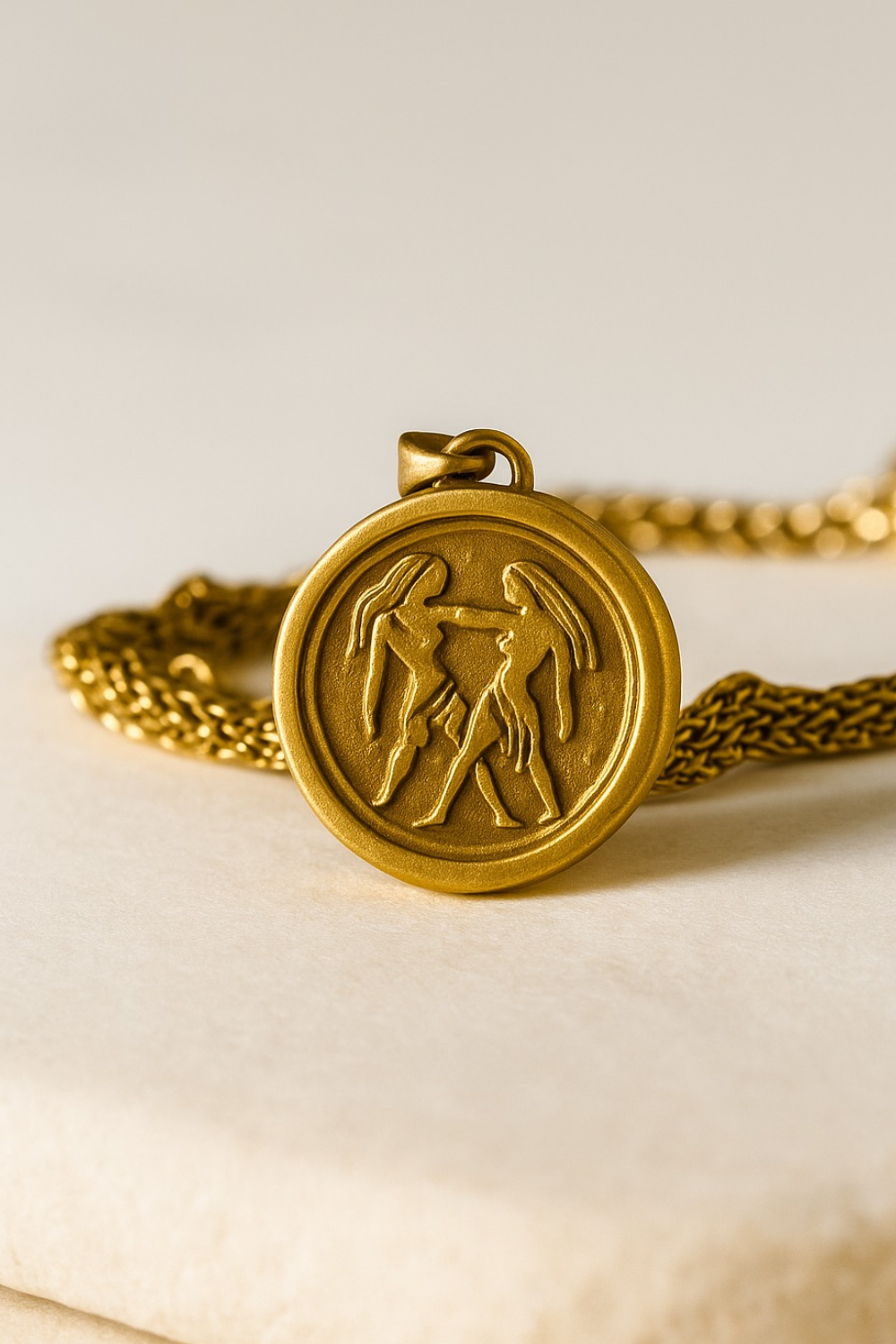 A gold-colored pendant with an engraved design, resting on a chain.