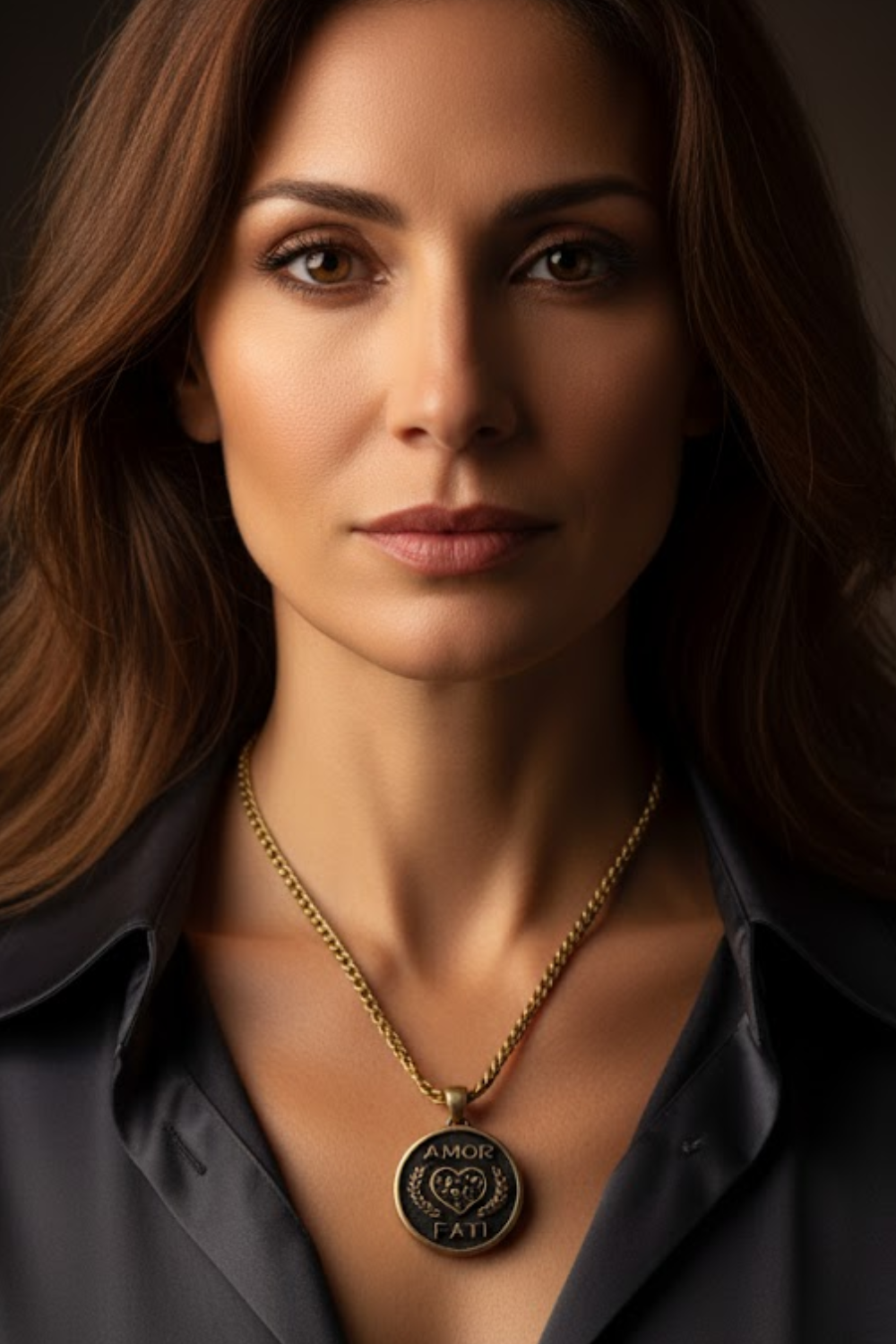 A close-up portrait of a woman with long brown hair wearing a necklace with a pendant.