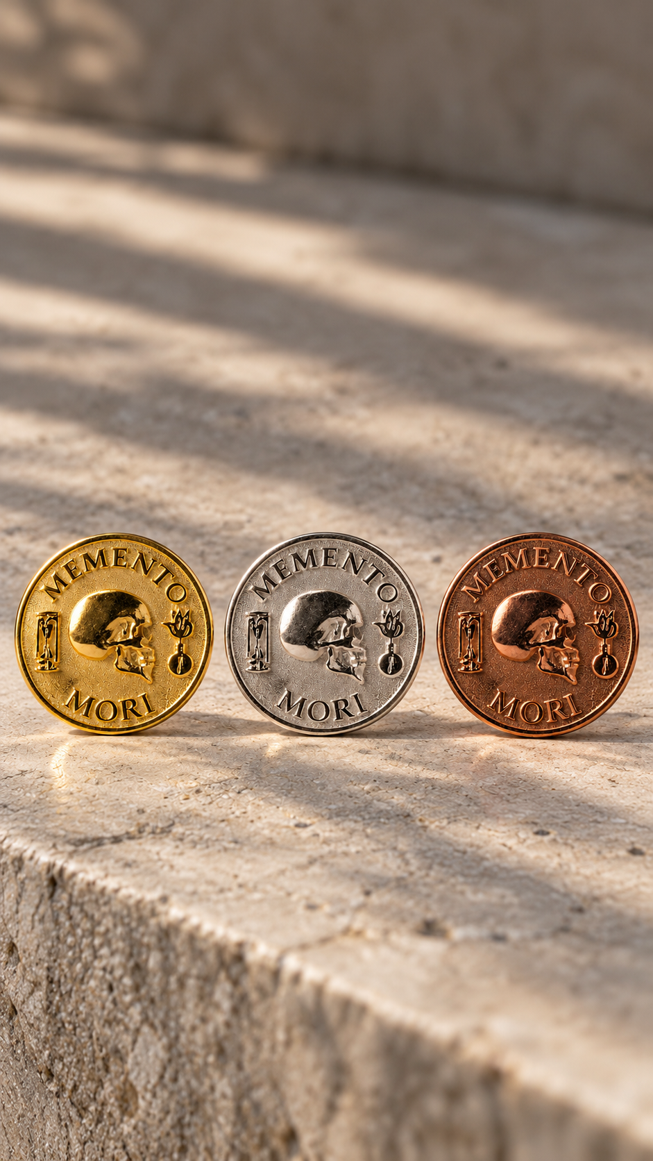 Memento Mori Coin | Symbol of Mortality, Wisdom & Presence | Handmade in 925 Sterling Silver, 24K Gold Plated, Bronze, Copper