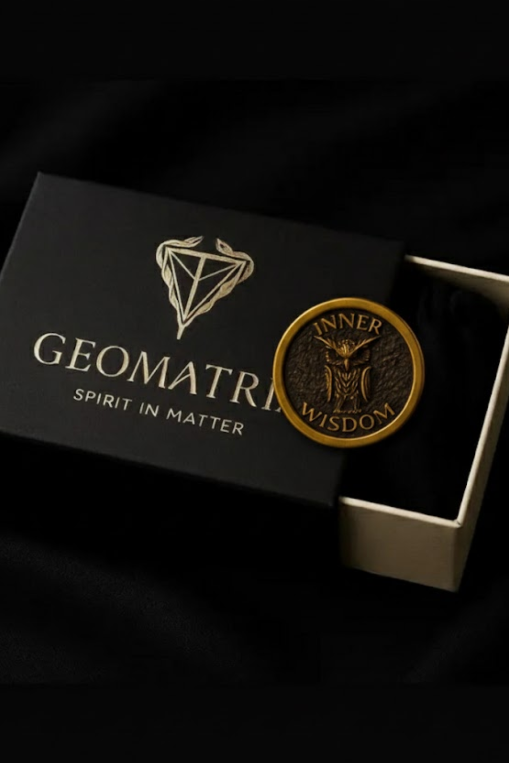 a black box with a gold-colored emblem on it, placed on a black surface.