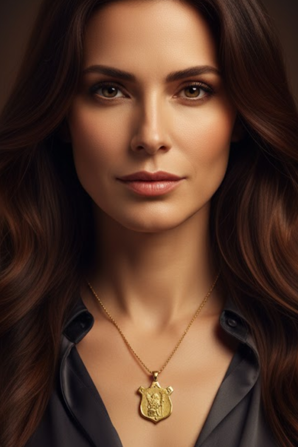 A close-up portrait of a woman with long, dark hair wearing a necklace with a pendant.