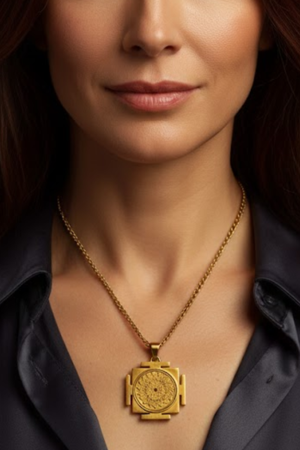 A close-up of a woman's neck and chest area, with a gold necklace featuring a large, ornate pendant.