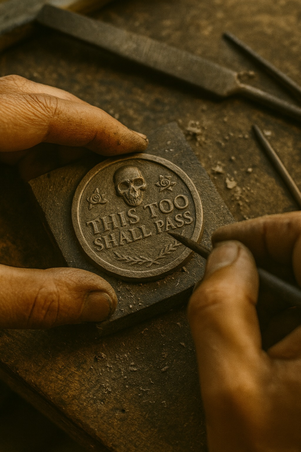 A person's hands are carefully crafting a metal object with a skull design, which appears to be a message or a symbol.