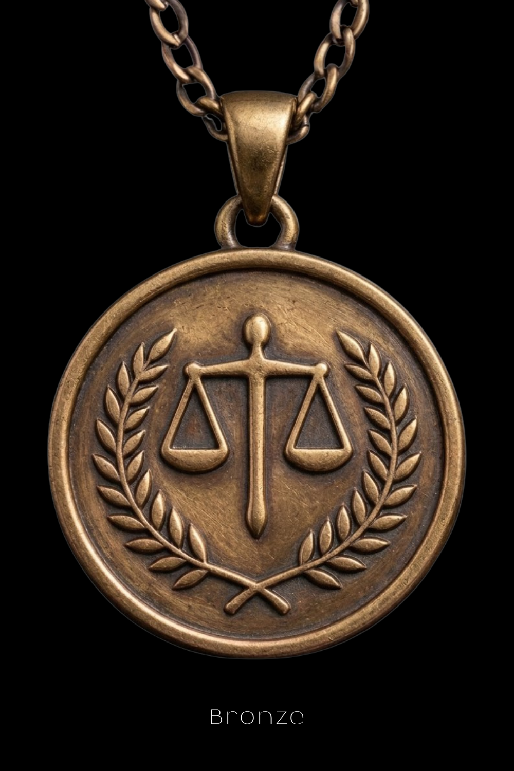A bronze pendant necklace with a circular medallion featuring a scale of justice symbol and laurel leaves.