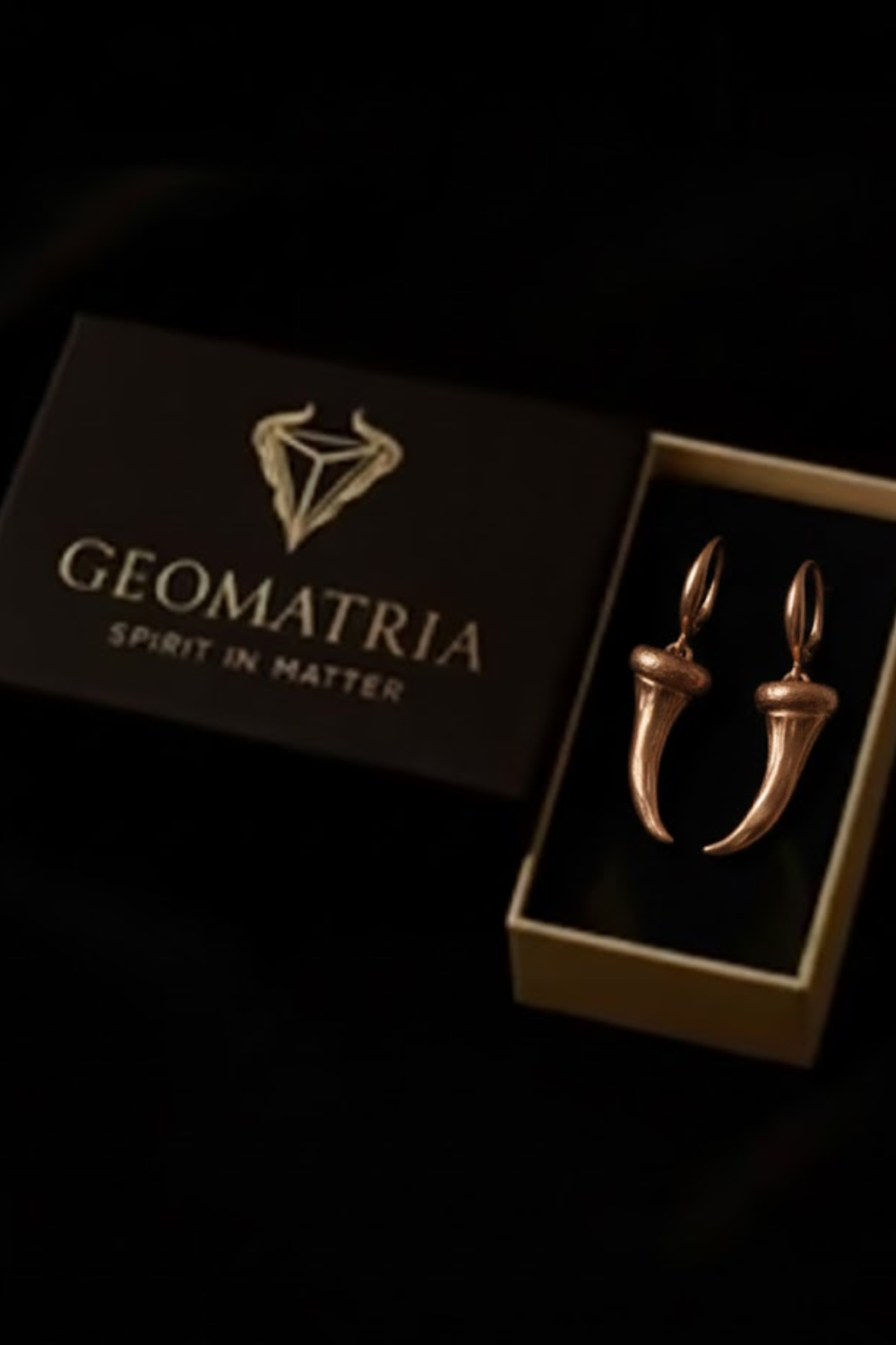 A pair of gold earrings with a geometric design, placed in a black box with a gold geometric logo.