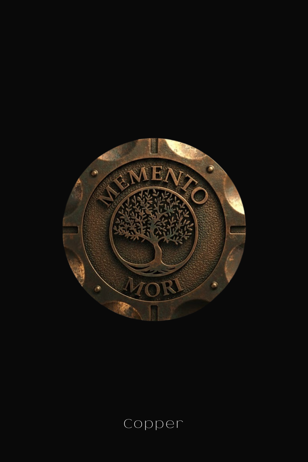 a circular emblem with the text "MEMENTO MORI" and a tree design, set against a black background.