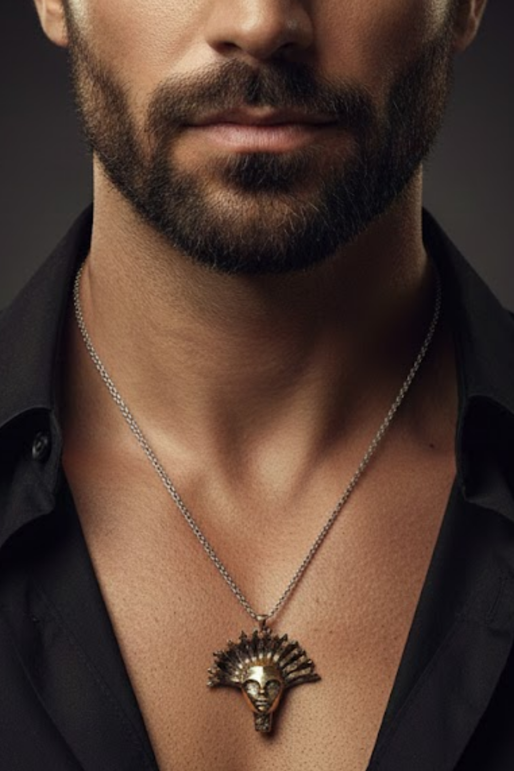 A close-up of a man's neck and chest area, with a pendant necklace featuring a decorative headpiece.