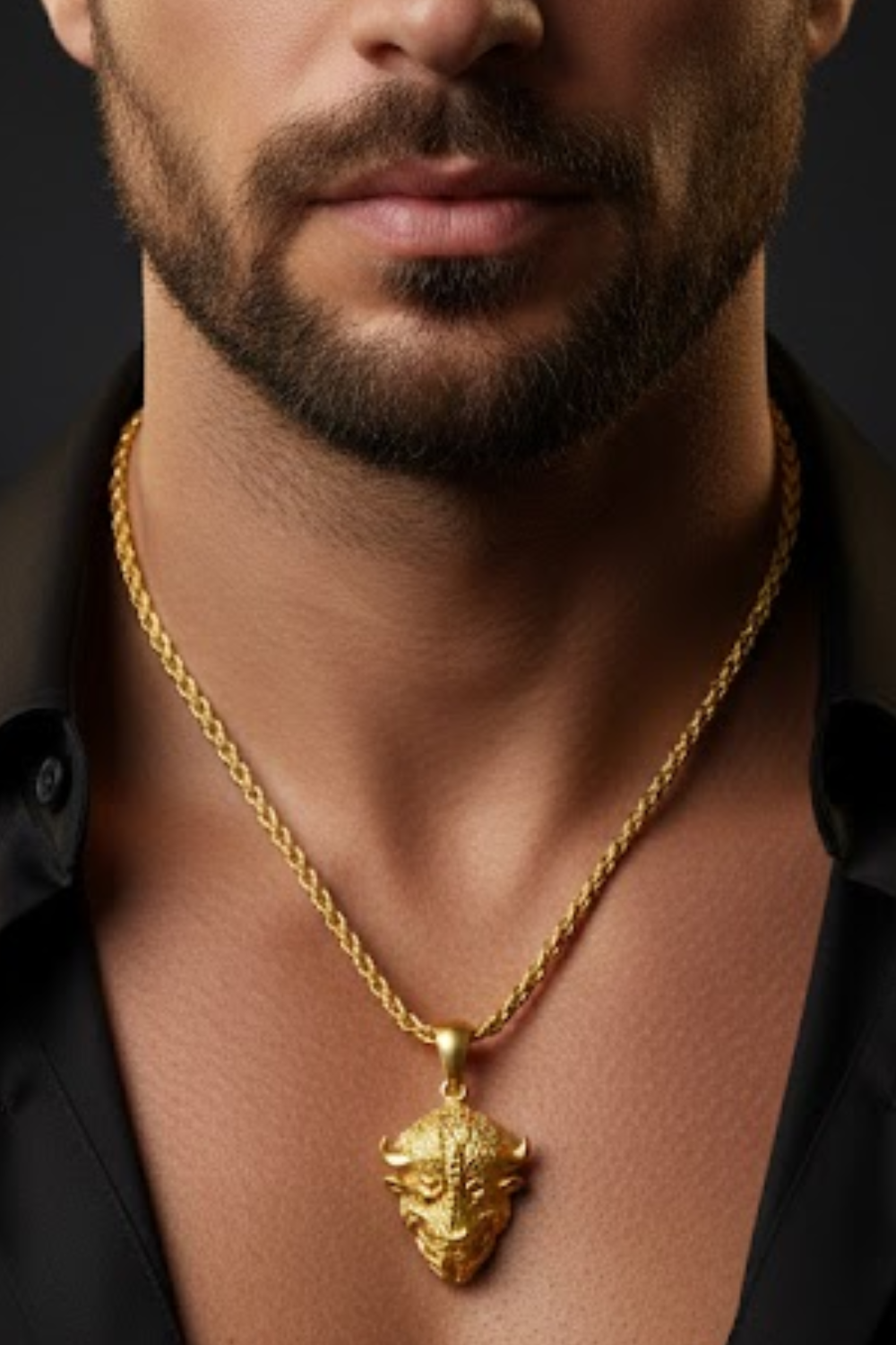 A close-up of a man's neck and chest area, with a gold chain necklace featuring a pendant in the shape of a lion's head.