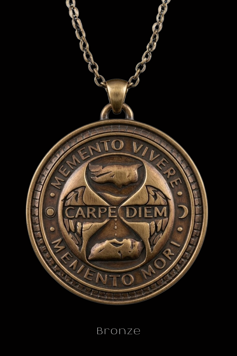A bronze pendant necklace with a circular medallion featuring the Latin motto "Memento Vivere" and the words "Carpe Diem" and "Memento mori" inscribed on it.