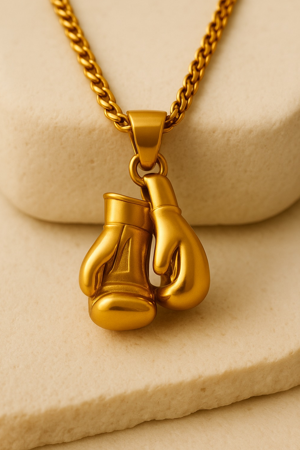 A gold-colored pendant necklace with a pair of gold-colored boxing gloves hanging from it.
