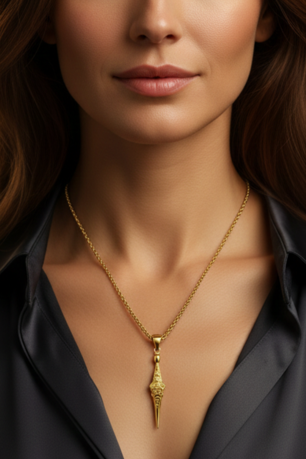 A close-up of a woman's neck and chest area, with a gold necklace featuring a pendant hanging from her neck.