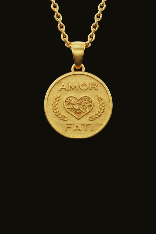 A gold-colored pendant necklace with a circular medallion featuring the text "Amor Fati" and a heart symbol.