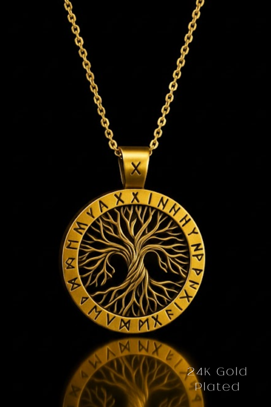 A gold-colored pendant necklace with a circular design featuring a tree-like motif and various symbols.