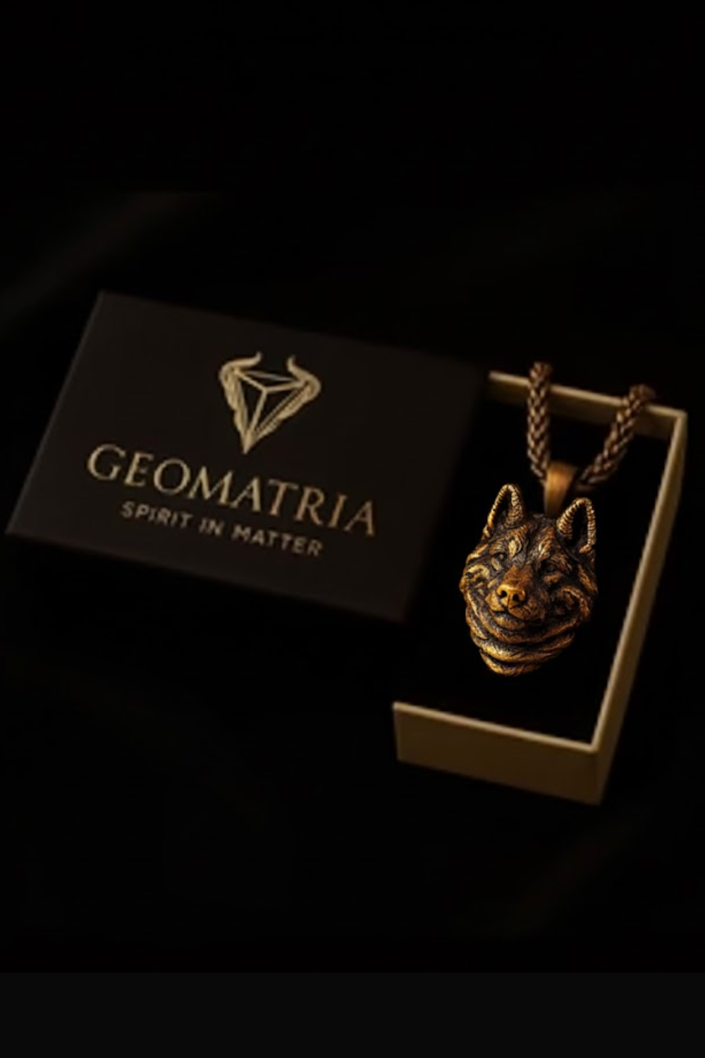 A pendant in the shape of a wolf's head is displayed in a box with the brand name "Geomatria" written on it.