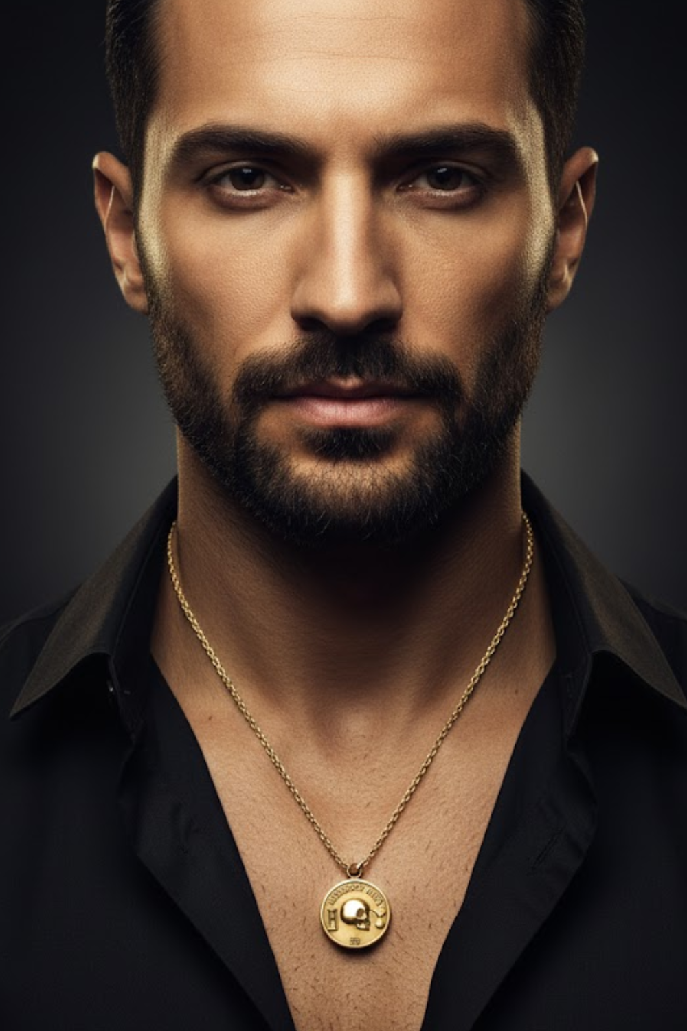 A close-up portrait of a man with a beard wearing a black shirt and a gold necklace.