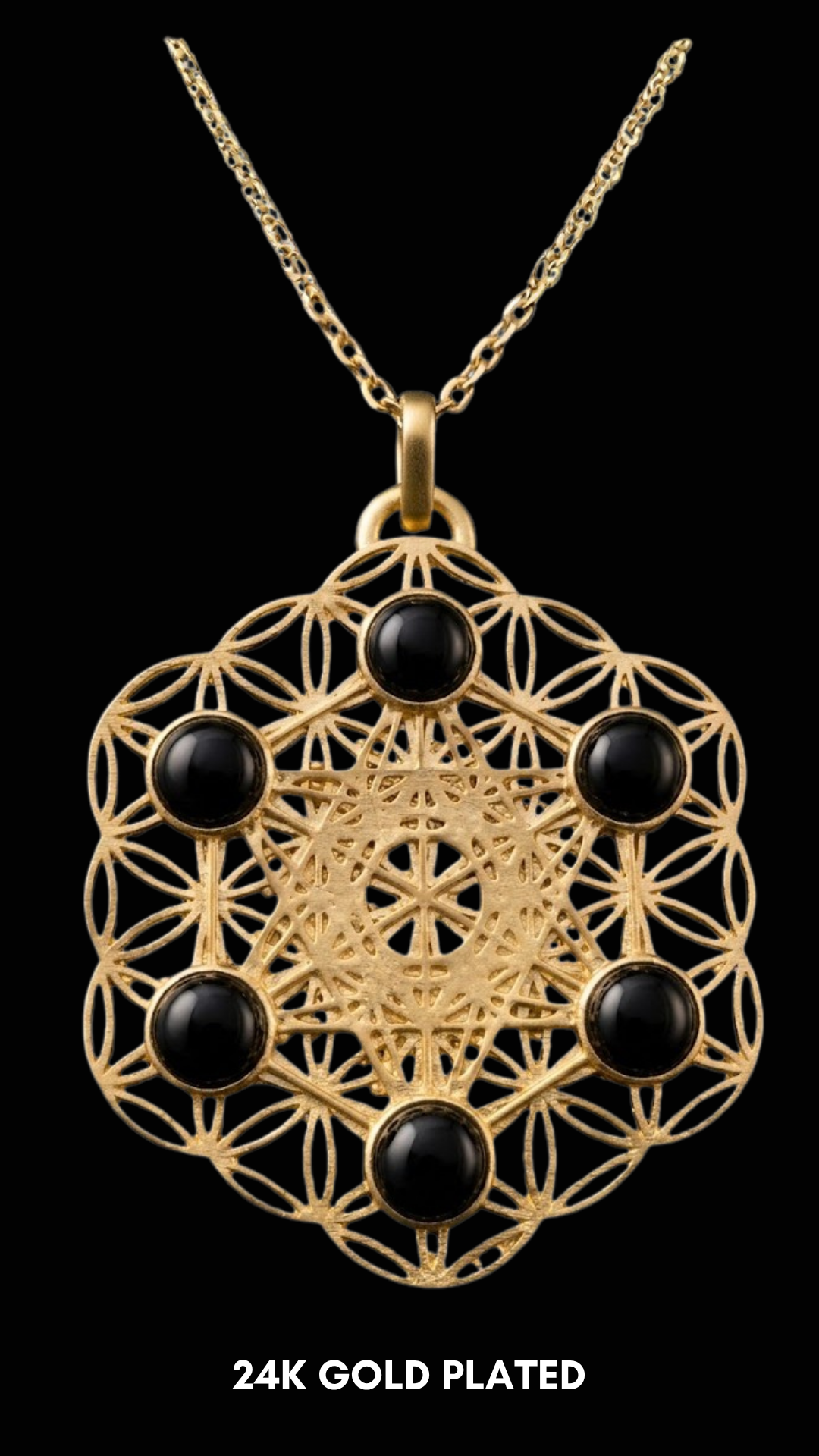 Metatron's Cube Necklace with Black Onyx | Symbol of Divine Protection & Spiritual Expansion | Handmade in 925 Sterling Silver, 24K Gold Plated, Bronze